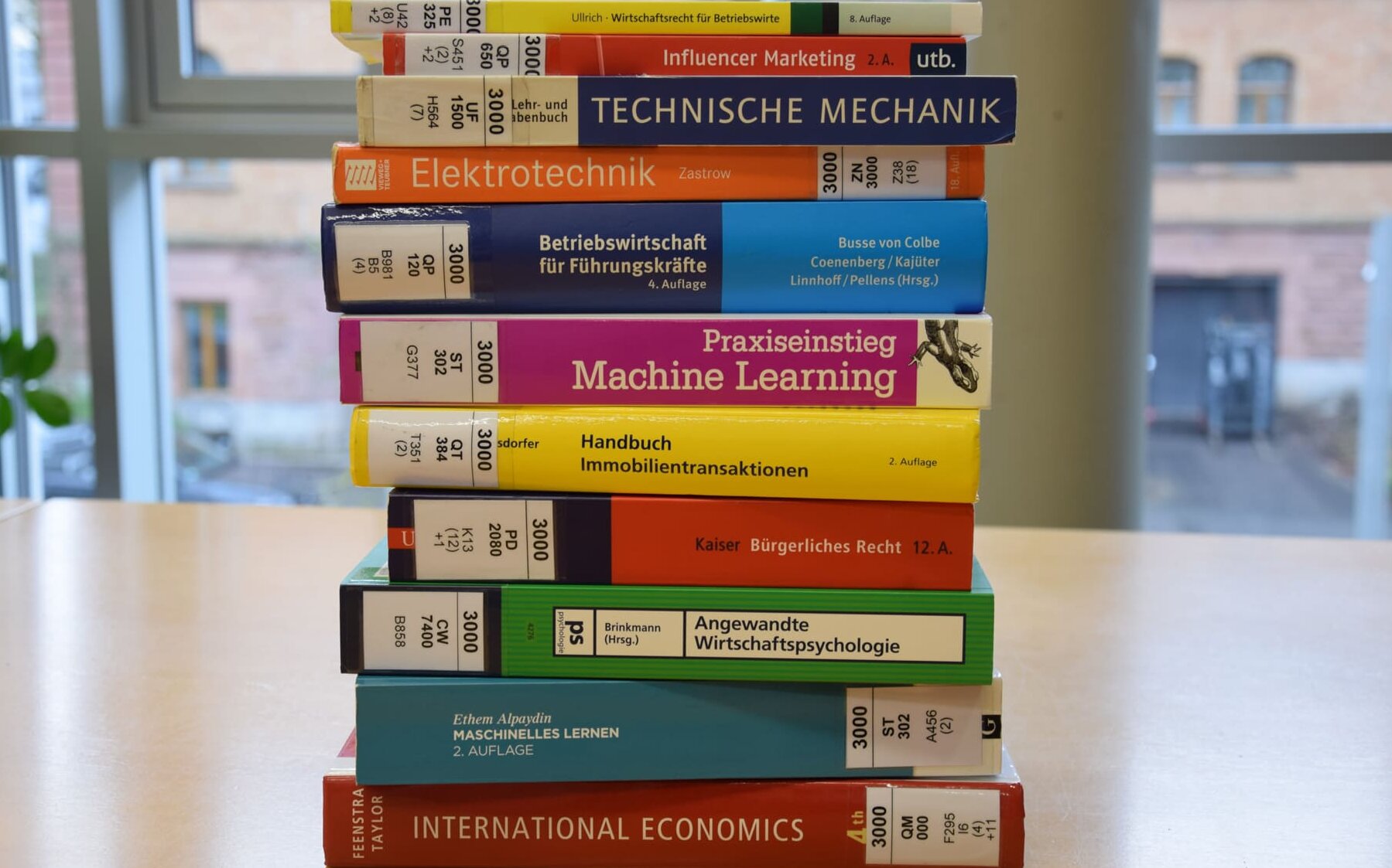 Farbige Bücher auf Tisch gestapelt in Bibliothek, verschiedene Wissenschaftliche Themen