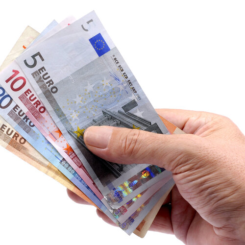 Hand hält verschiedene Euro Scheine.