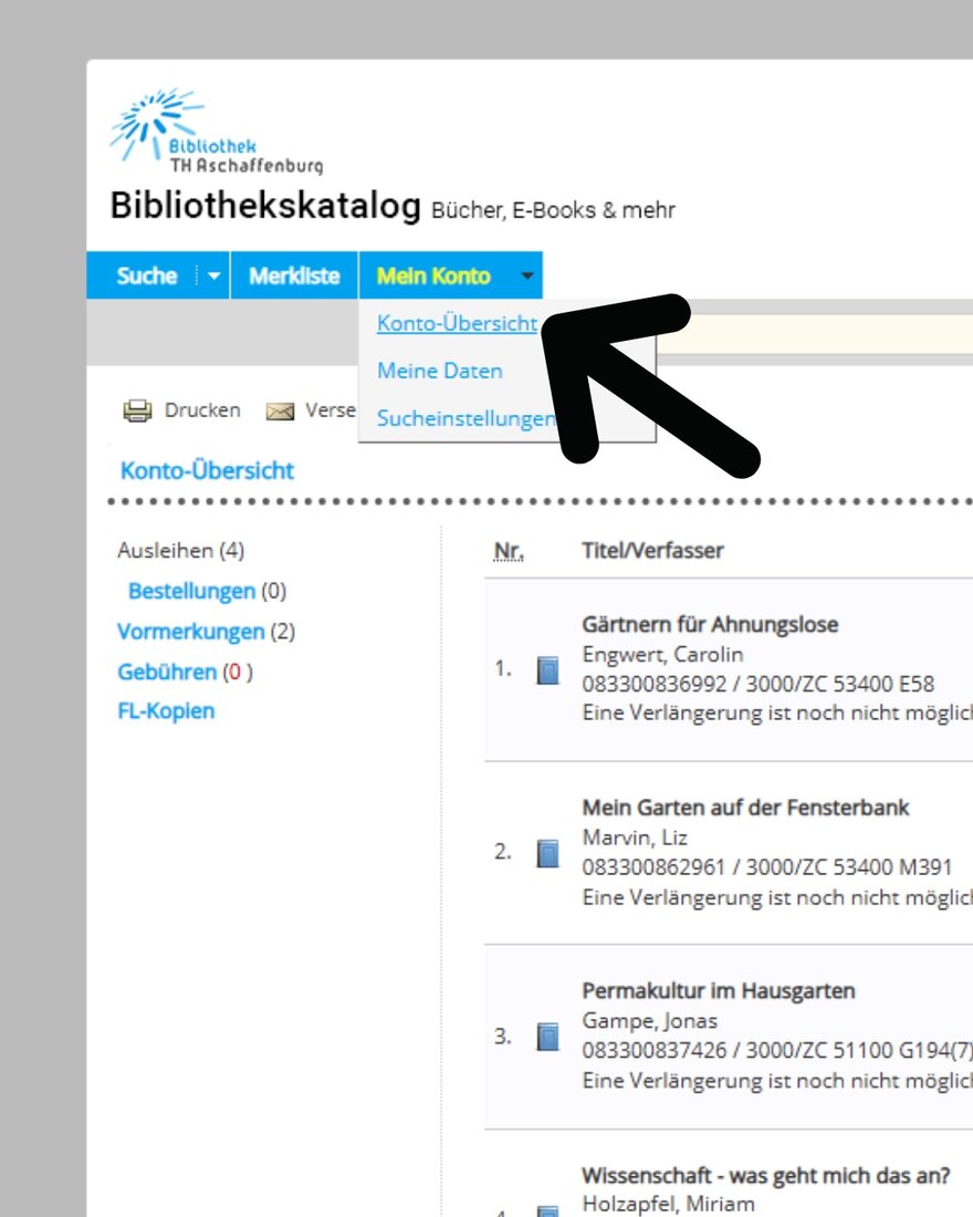 Screenshot des Bibliothekskatalogs mit Pfeil der auf den Reiter links oben im Bild mit der Beschriftung "Mein Konto" deutet