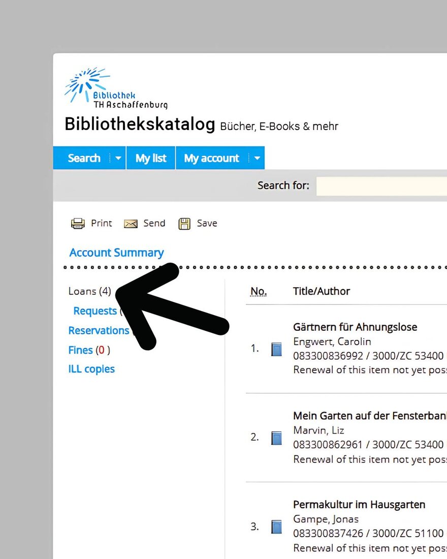 Screenshot of the library catalogue. This page shows the Account Summary and an arrow points to the left side of the creen towards "Loans"