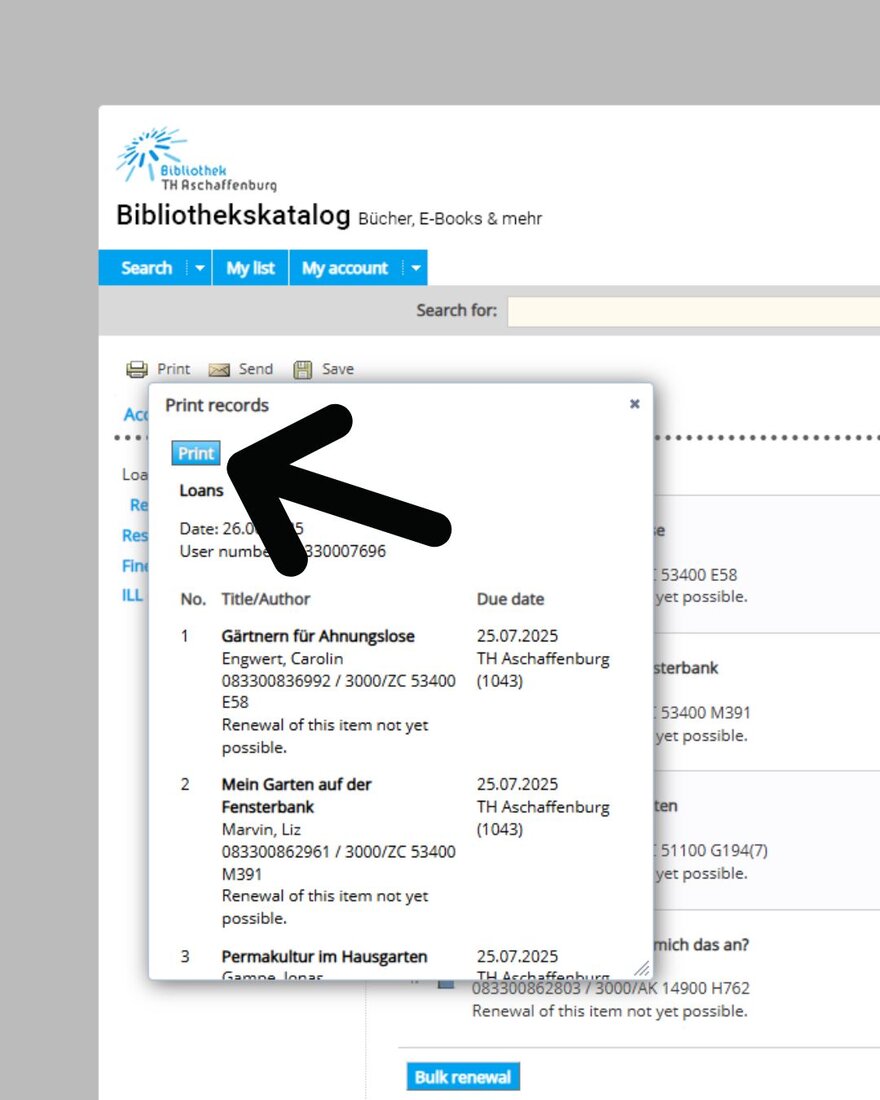 Screenshot from the library catalogue with an open window "Print records". An arrow indicates to the button "Print"