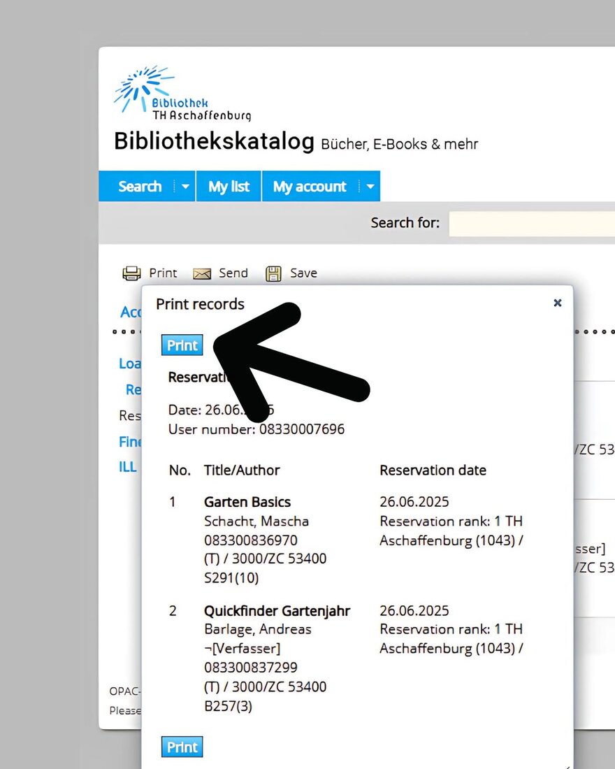 Screenshot from the library catalogue with an open window "Print records". An arrow indicates to the button "Print"
