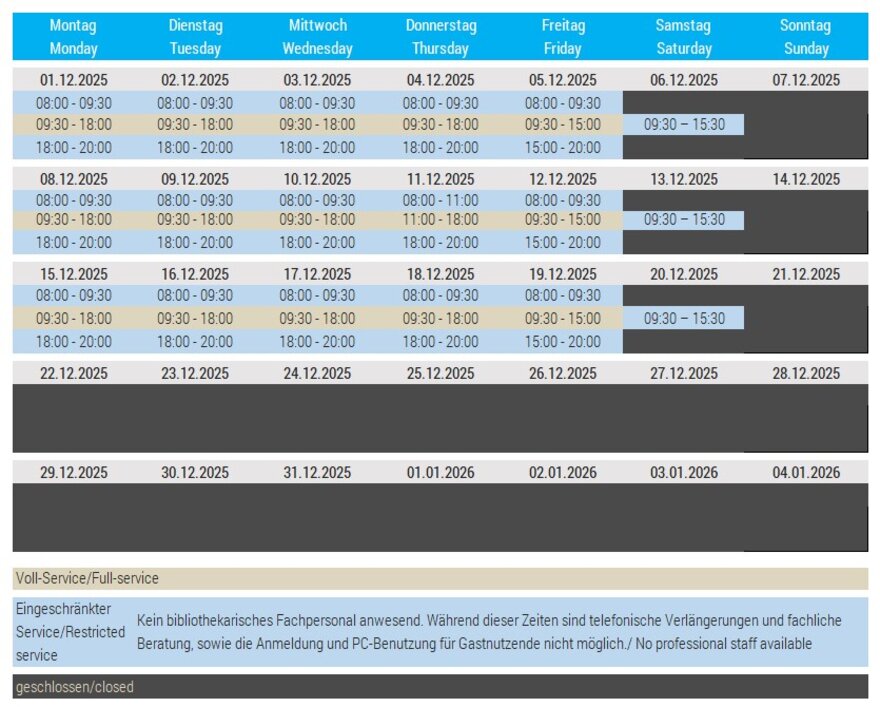 Öffnungszeiten Bibliothek Dezember
