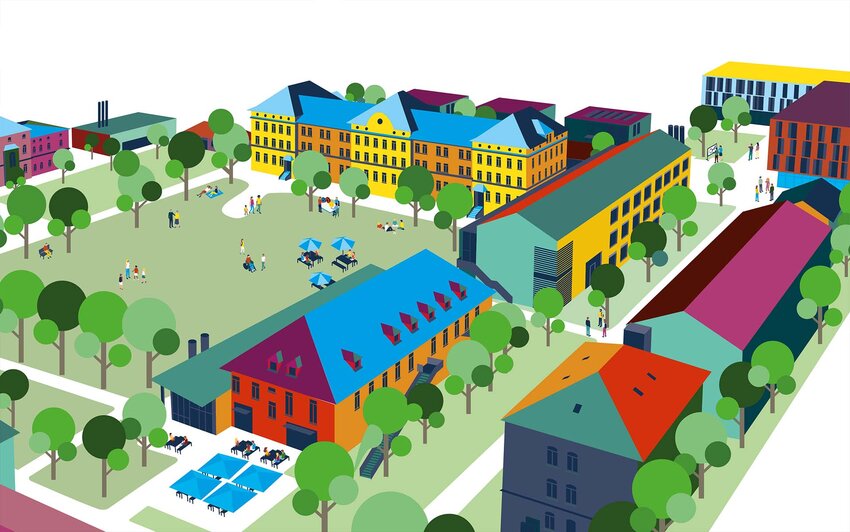 Farbenfrohe Illustration des Campus mit Gebäuden und Campuswiese mit einigen Menschen.