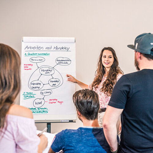 Vier Studierende hören einer Studentin, Referentin, zeigt auf Flipchart mit Grafik