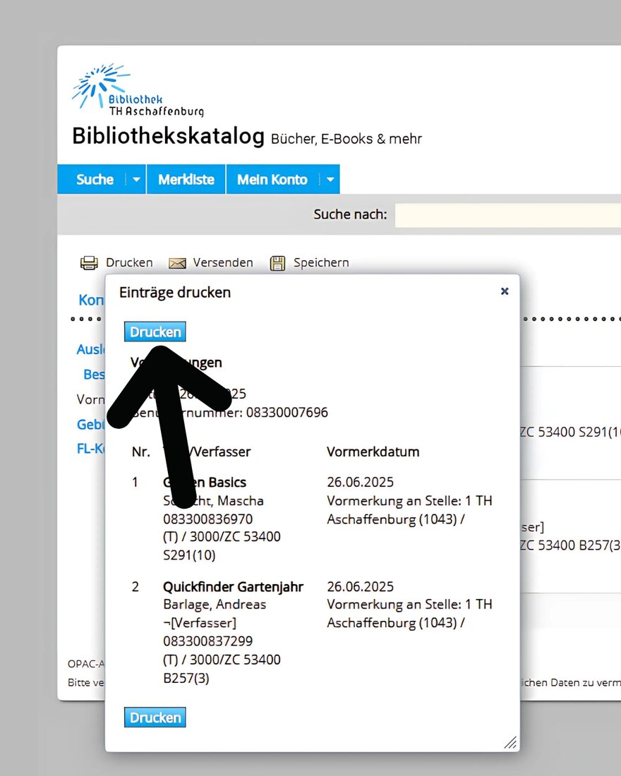 Screenshot des offenen Fensters über dem Bibliothekskatalog mit einem Pfeil der auf die linke Seite auf den Button "Drucken" zeigt