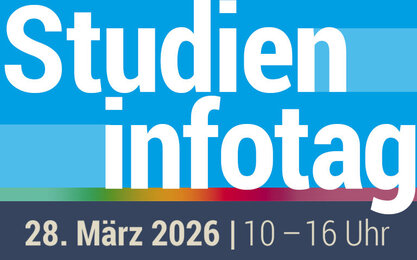 Grafik mit Schriftzug zum Uhrzeit und Datum des Studieninfotages