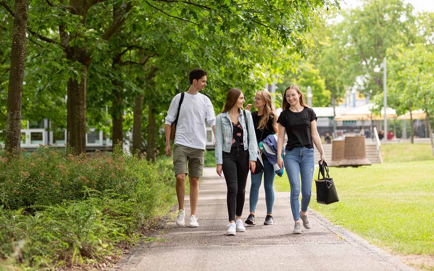 Studierende unterhalten sich während sie einen Weg auf dem grünen Campus entlang gehen