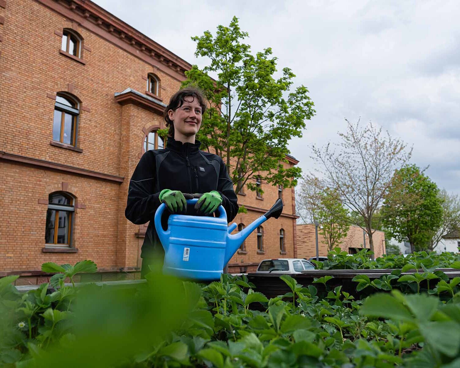 Eine junge Frau, die den Hochschulgarten gießt