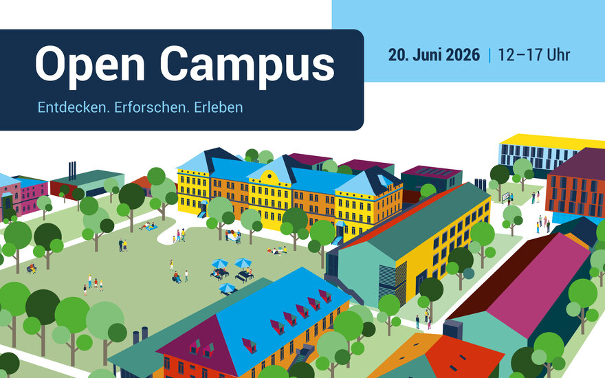 Farbenfrohe Illustration des Campus mit Gebäuden und Campuswiese mit einigen Menschen sowie Veranstaltungsdaten