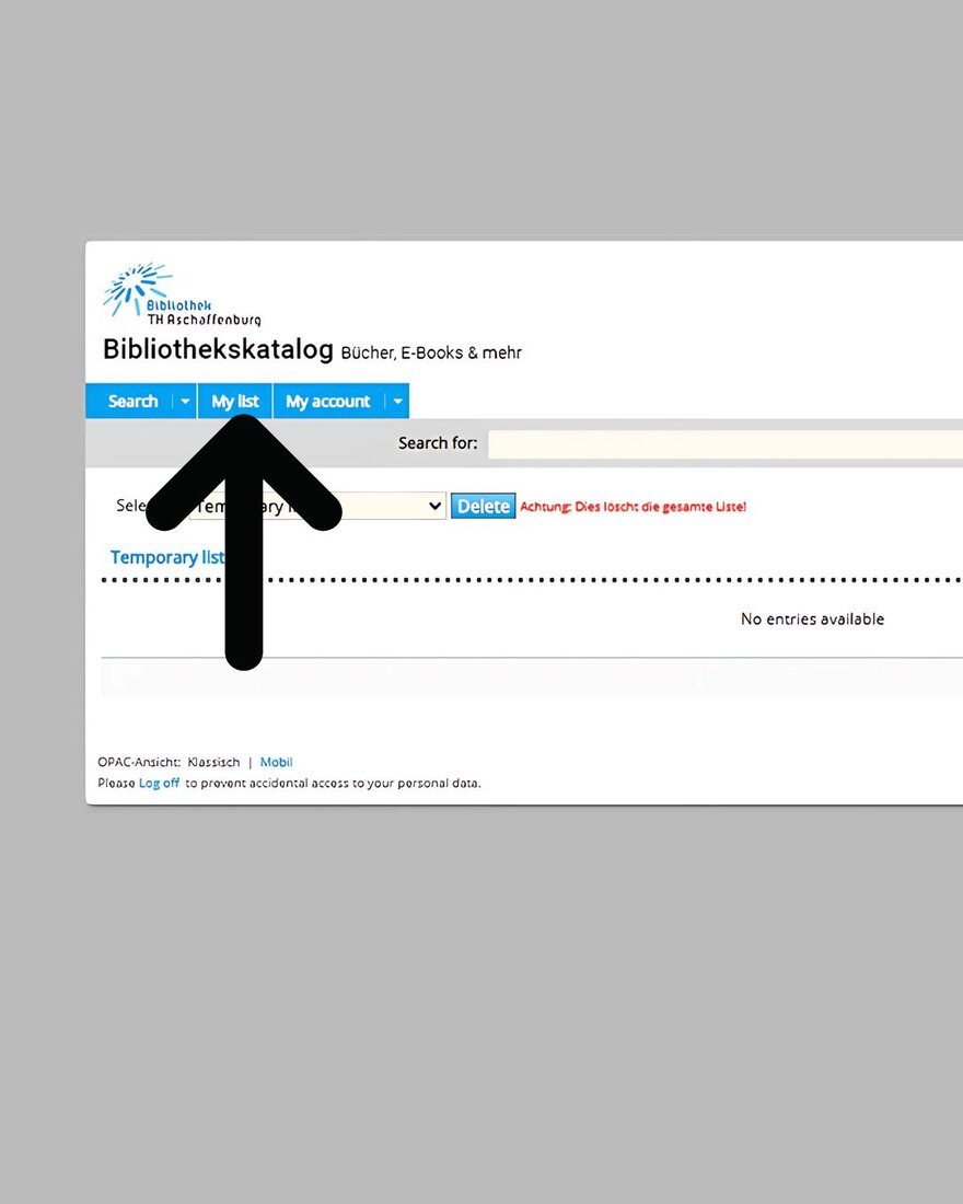Screenshot of the library catalogue with an arrow pointing towards the tab labelled "lists" in the left upper corner, indicating to click there. 