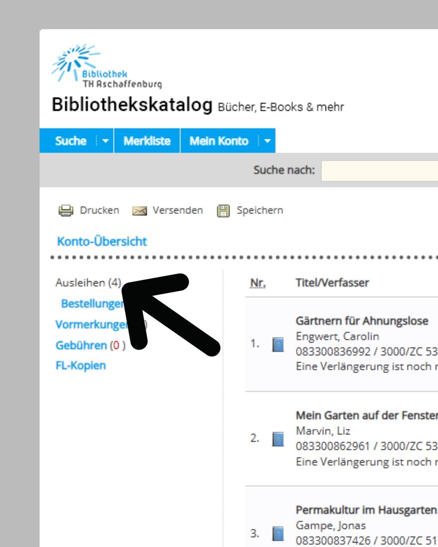 Screenshot des Bibliothekskatalogs in der Konto-Ansicht mit einem Pfeil der auf die linke Seite auf das Wort "Ausleihen" zeigt