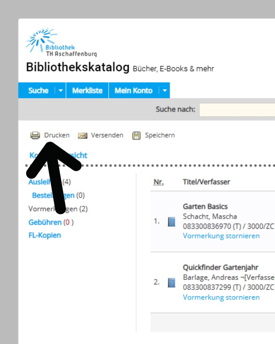 Screenshot des Bibliothekskatalogs in der Konto-Ansicht mit einem Pfeil der auf die linke Seite auf den Button "Drucken" zeigt