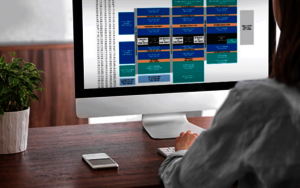 woman sitting at a desktop in front of a monitor