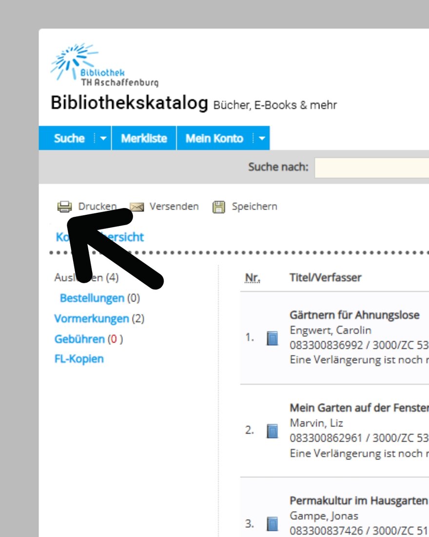 Screenshot des Bibliothekskatalogs in der Konto-Ansicht mit einem Pfeil der auf die linke Seite auf den Button "Drucken" zeigt