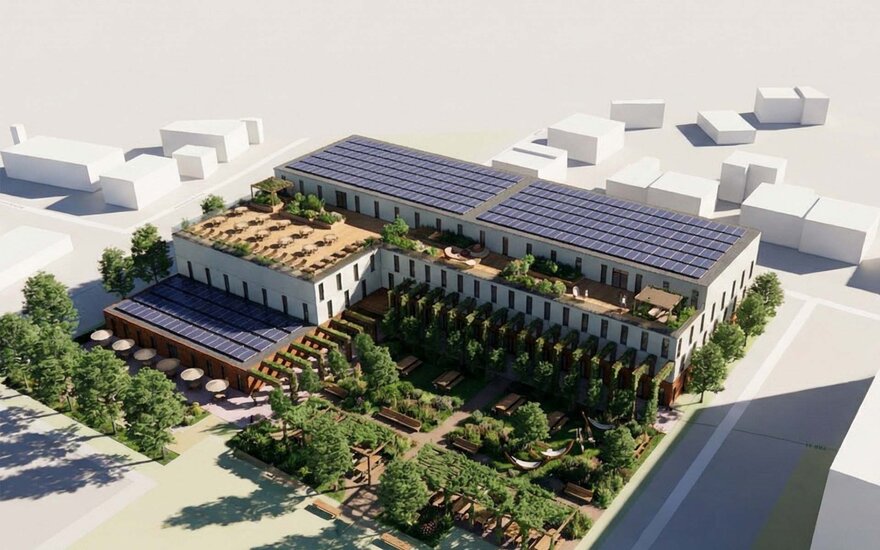 3D-Visualisierung eines Gebäudekomplexes in U-Form mit begrüntem Innenhof und schematisch angedeutete umliegende Gebäude schematisch.