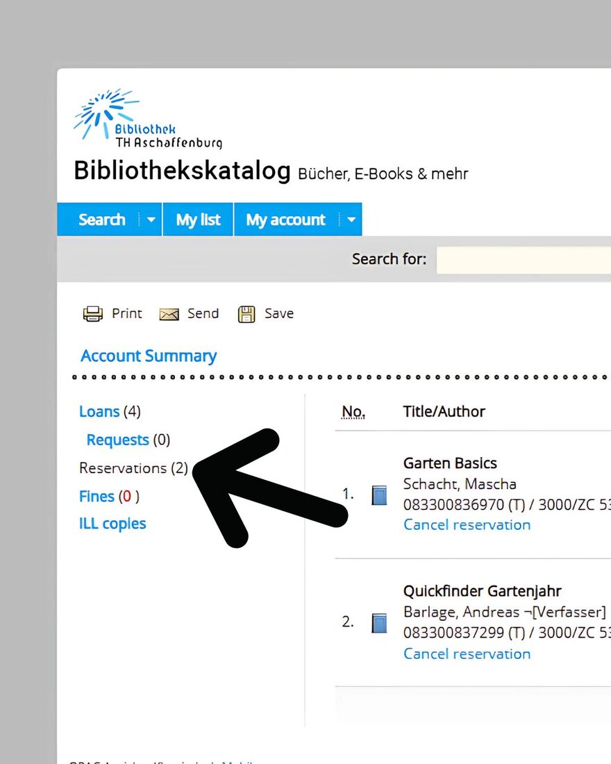 Screenshot of the library catalogue. This page shows the Account Summary and an arrow points to the left side of the creen towards "Reservations"