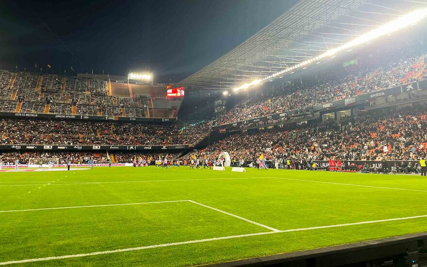 Stadion, Fußballfeld, Spieler und Fans