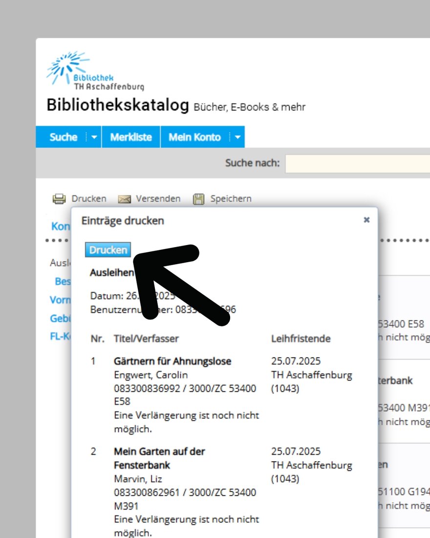 Screenshot des offenen Fensters über dem Bibliothekskatalog mit einem Pfeil der auf die linke Seite auf den Button "Drucken" zeigt
