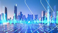 Skyline einer großen Stadt vor blauem Hintergrund mit futuristuschen Lichtern und Streifen