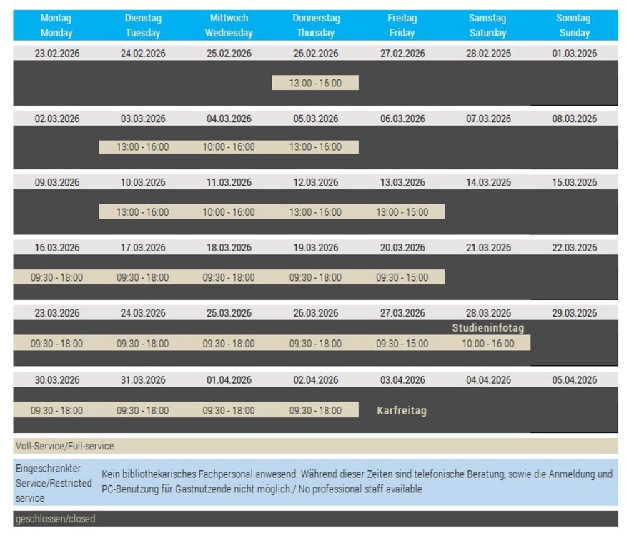 Öffnungszeiten Bibliothek März