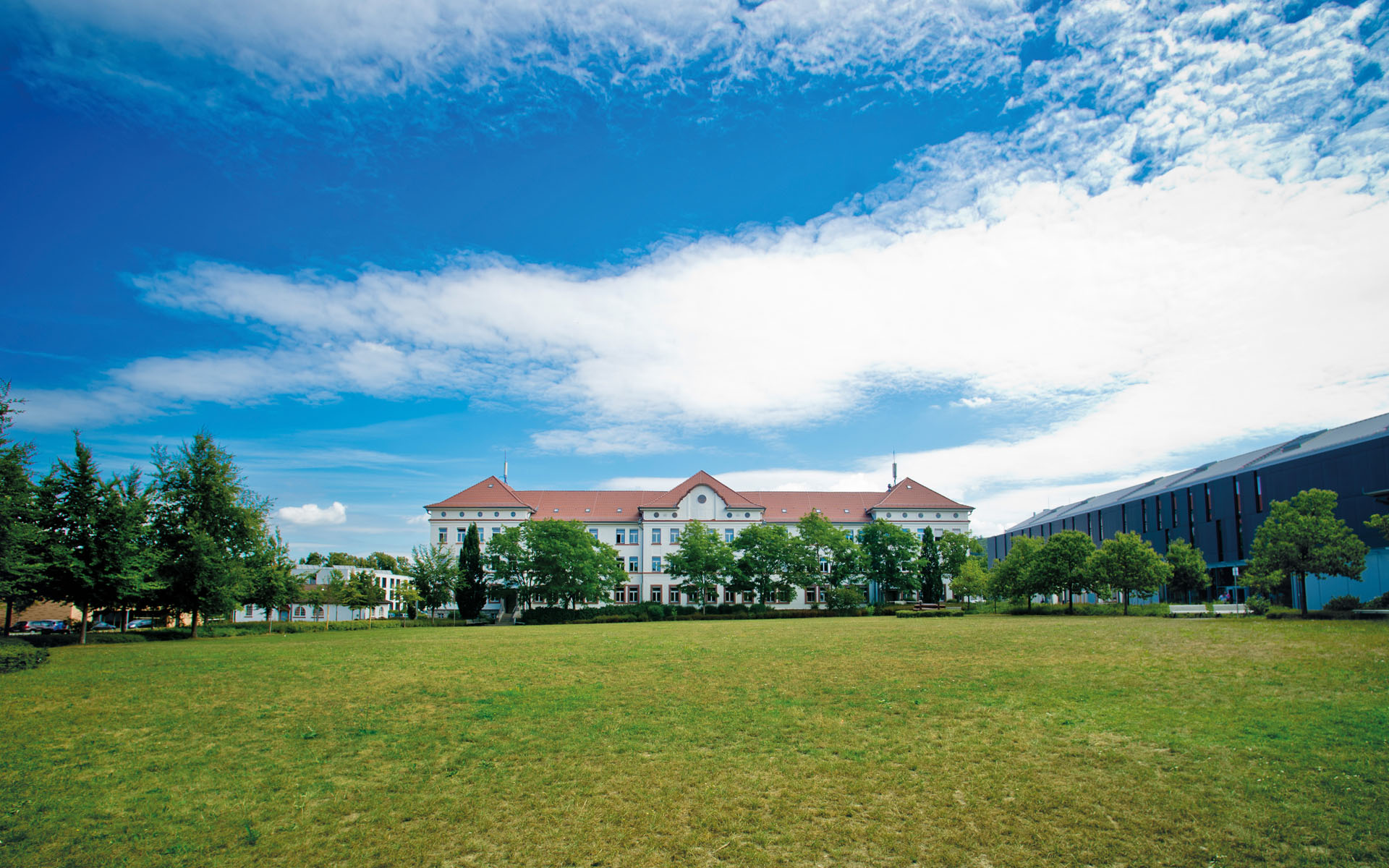 Campus-Wiese und Gebäude 20 am Campus 1