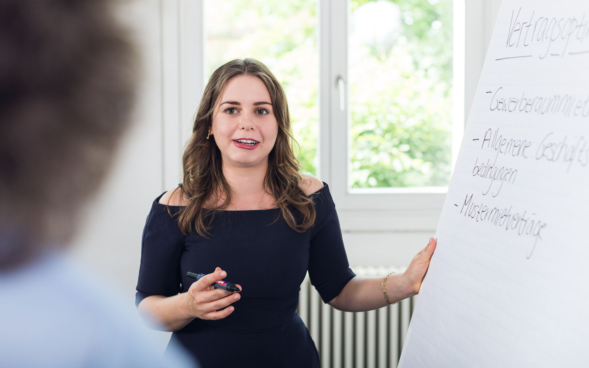 Doktorandin iDok präsentiert an Flipchart