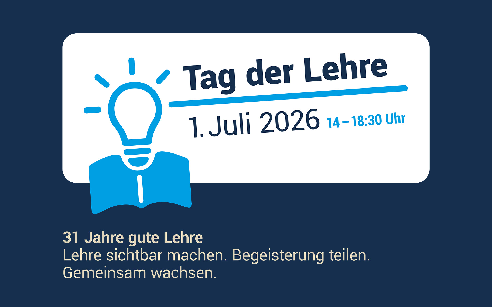 Grafik in Dunkelblau, Cyan und Weiß mit Schriftzug, Datum und Oberkörper mit Glühbirne als Kopf